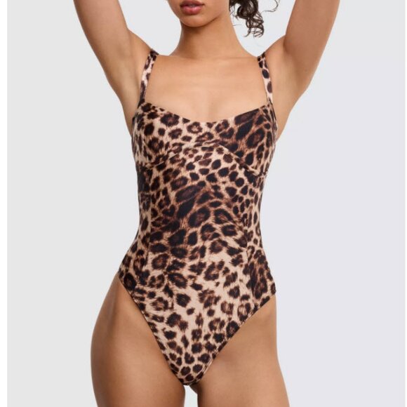NWT Womens Good American  Fierce Leopard Print Sweetheart Satin Thong Bodysuit S - Picture 1 of 9